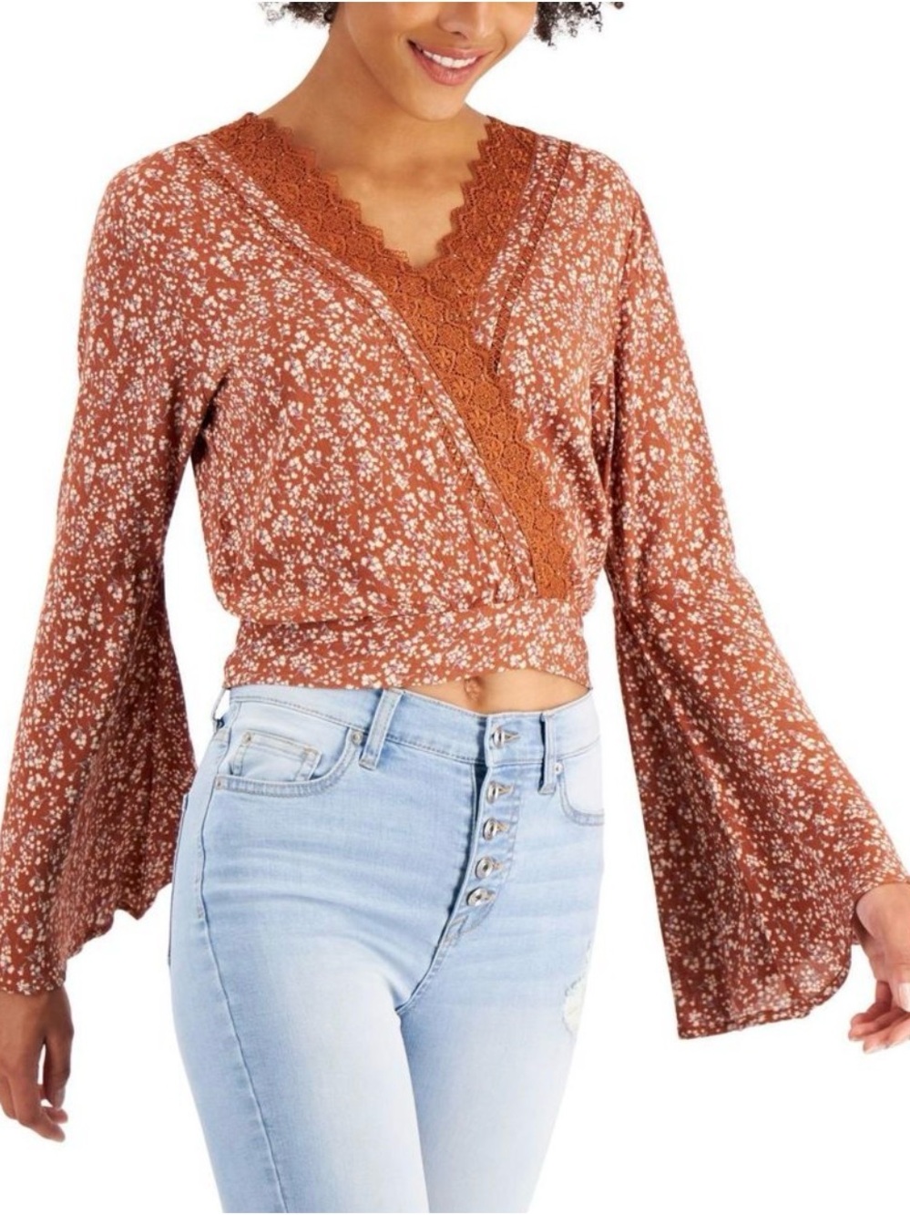 Just Polly Juniors Lace-Trim Bell-Sleeve Top Size-Medium Color-Brown Floral XS